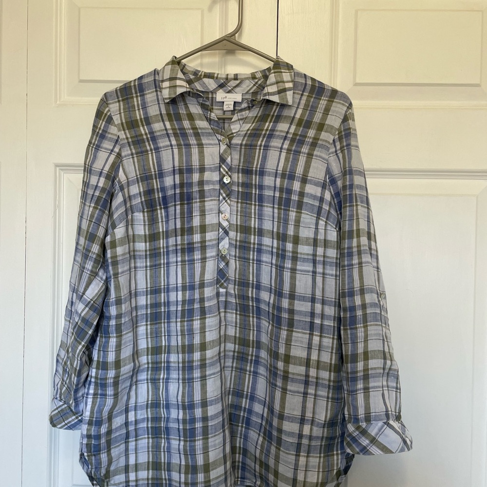 J. Jill Love Linen Blue and Green Plaid Linen Shirt with Pockets | Petite Small
